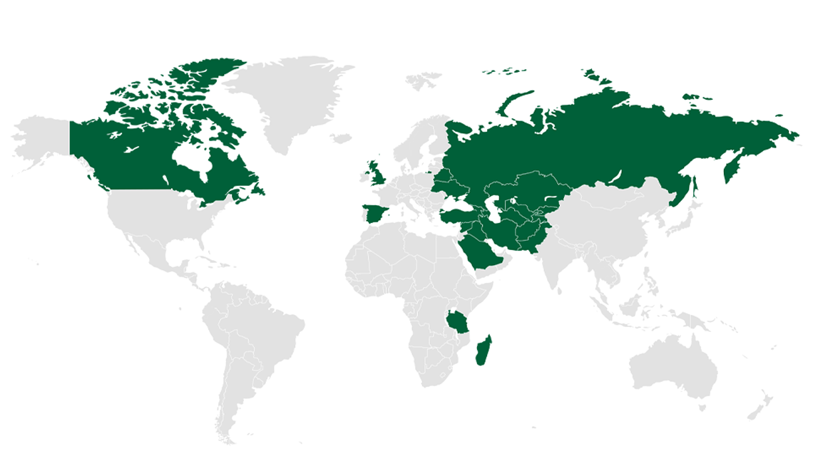 World map highlighting in green the countries Royal Jungle collaborates with worldwide.